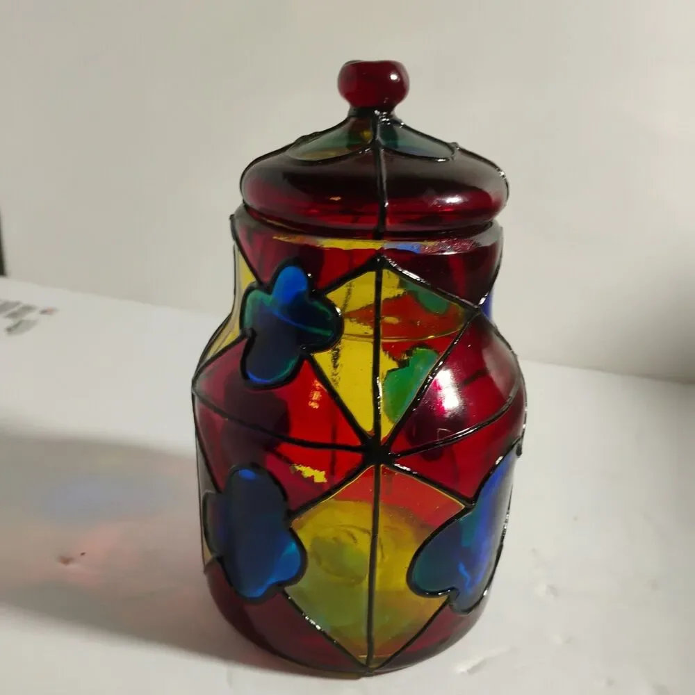 Vintage Vidrio  Stained Glass Lidded Jar, 8